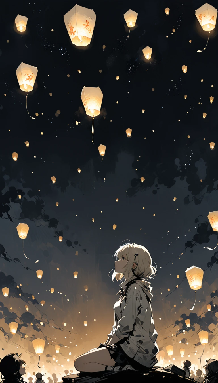 (Ashley Wood (Ashley Wood) style of:1.1),
1 Girl,Spread your knees apart,Bring your feet together,?,large areas of white space,sit,At the bottom of the screen,(look up:1.5),from the side,Look up,comics,,Wishing paper lanterns in the sky