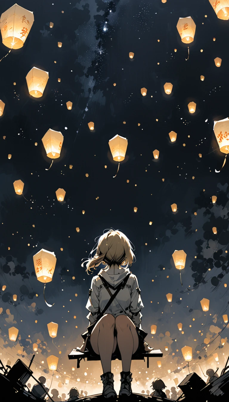 (Ashley Wood (Ashley Wood) style of:1.1), 
1 Girl,Spread your knees apart，Bring your feet together,?,large areas of white space,sit,At the bottom of the screen,(look up:1.5),from the side,Look up,comics,，Wishing paper lanterns in the sky