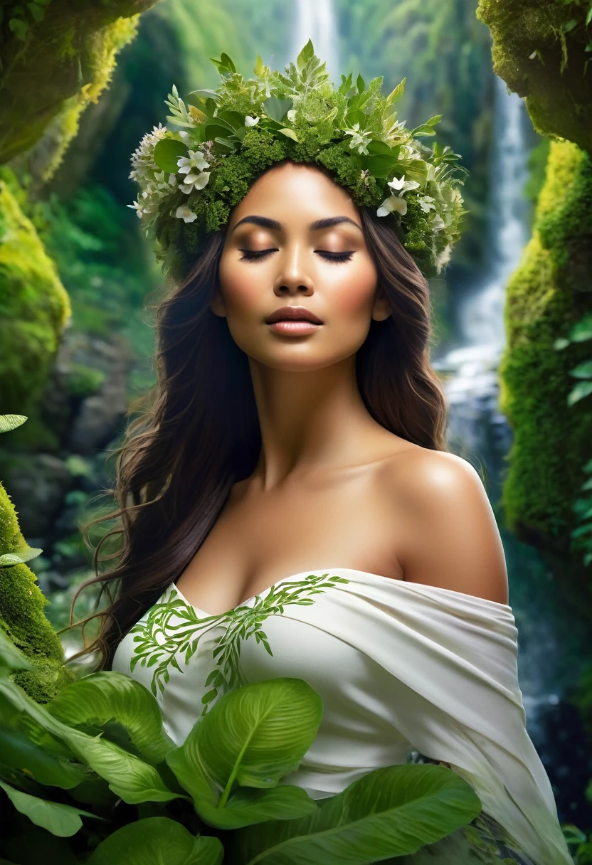 A serene, feminine figure seamlessly integrated into a lush, natural landscape. The figure's smooth, peaceful face should have closed eyes, exuding tranquility. Her hair should transform into a cascading waterfall, merging naturally with the surrounding greenery and rocks. The landscape should be covered in dense, green moss or foliage that blends seamlessly with the figure, forming part of her attire. Adorn her head with a crown or wreath made of flowers or leafy vines, enhancing the harmonious theme. The backdrop should consist of rugged cliffs and more greenery, emphasizing the natural setting. Aim to evoke a sense of unity with nature, symbolizing the deep connection between humans and the natural world.