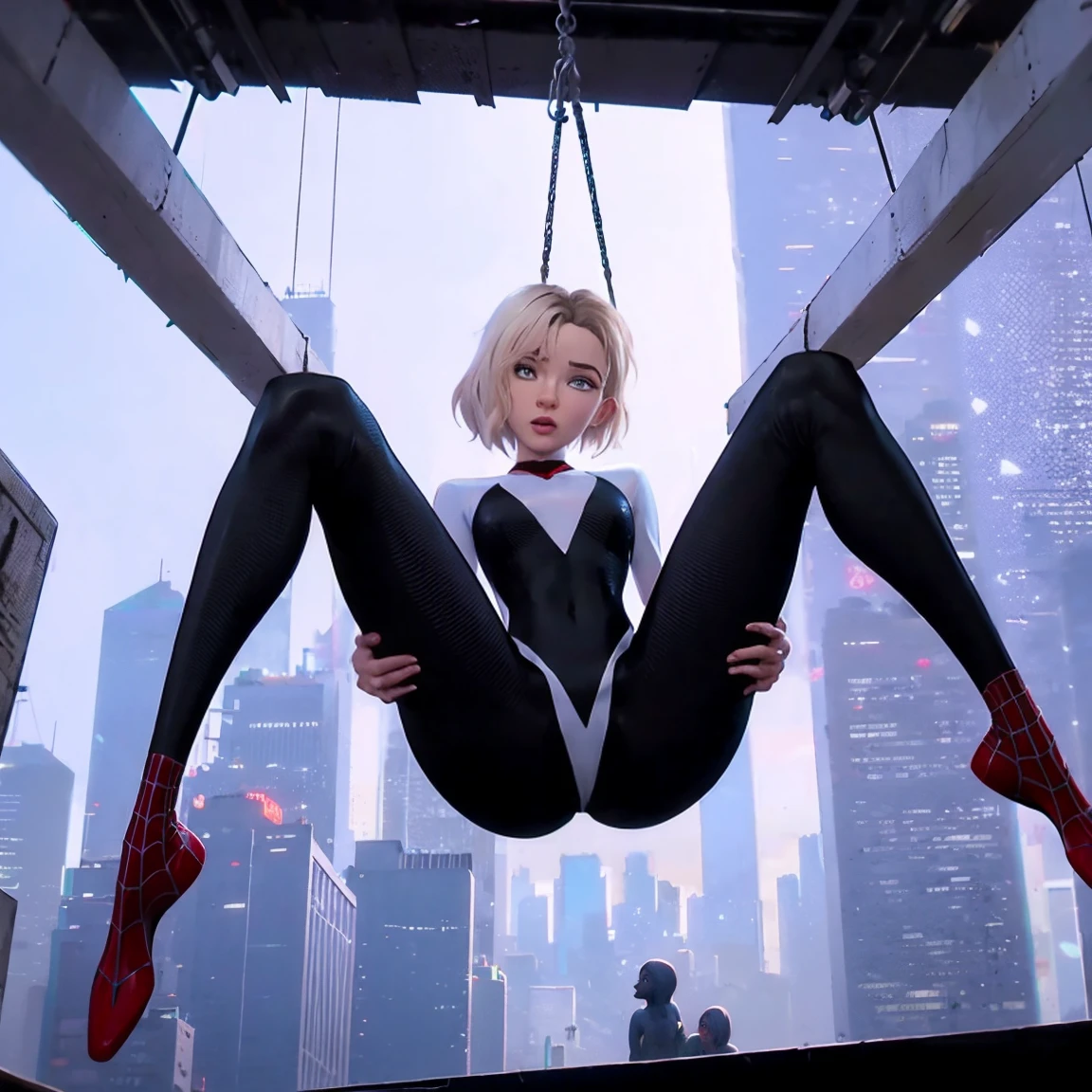 1girl, Sgwen is hanging from spiderwebs above a crowded city street, she is spreading her legs to show the crowd below her cameltoe, suspended in the air by webs, young, open legs, slut, nsfw, sexy, looking at crowd, audience, old men looking at girl