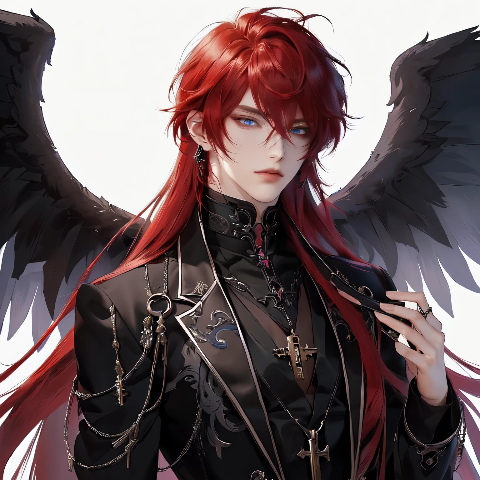 anime, a woman with red hair and black wings, wearing a black outfit, beautiful male god of death, beautiful androgynous prince, male anime character, tall anime guy with blue eyes, detailed anime character art, key anime art, delicate androgynous prince, handsome guy in demon slayer art, handsome japanese demon boy, detailed key anime art