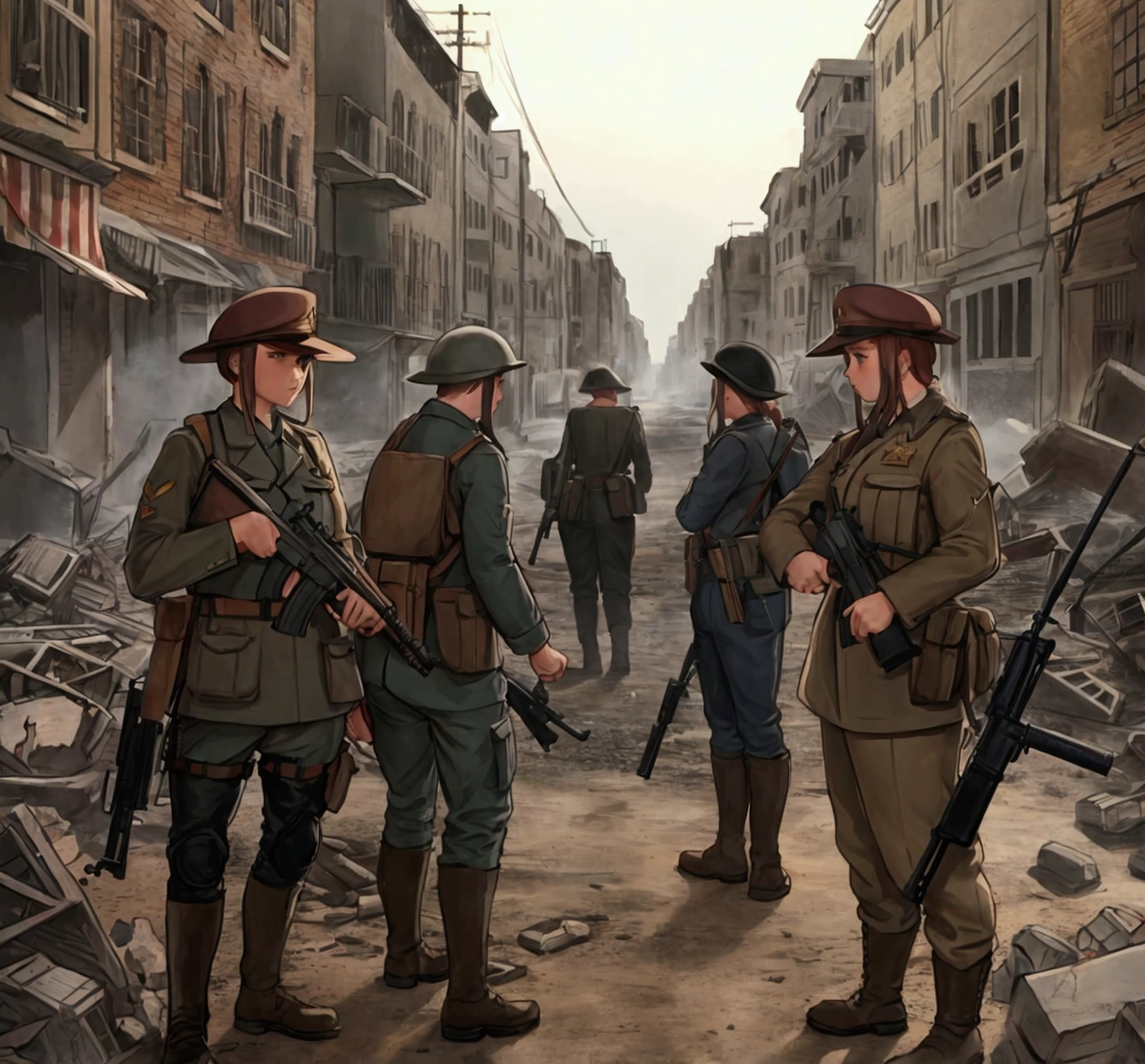All standing in the destroyed town with rifles and pistols 1942