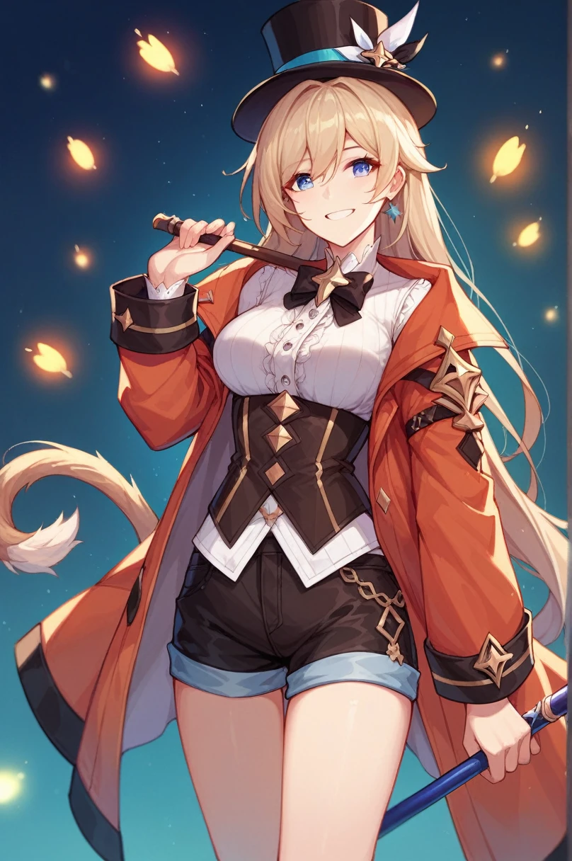 score_9, score_8_up, score_7_up, 1girl, firefly \(honkai: star rail\), solo, cane in hand, blouse, top hat, shorts, coat tail, standing, gasping, smile, ecstasy