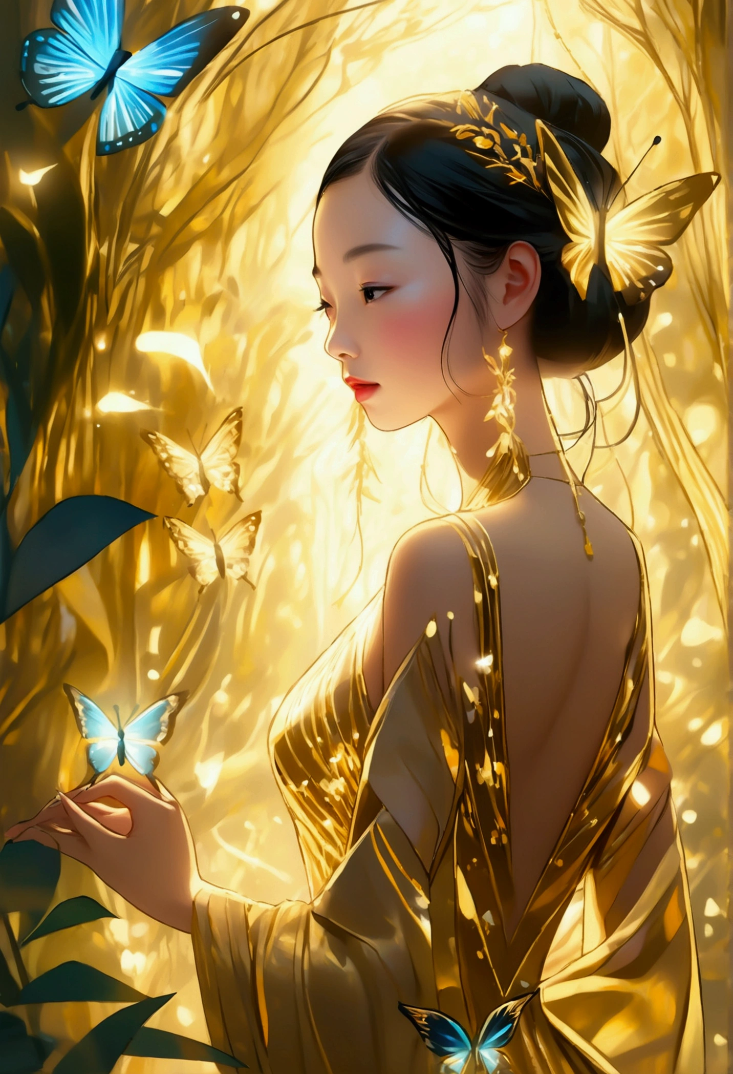 Young Asian woman in gold dress touching glowing plants in a fantastical forest. Luminescent butterflies flying around her, otherworldly landscape, magical realism