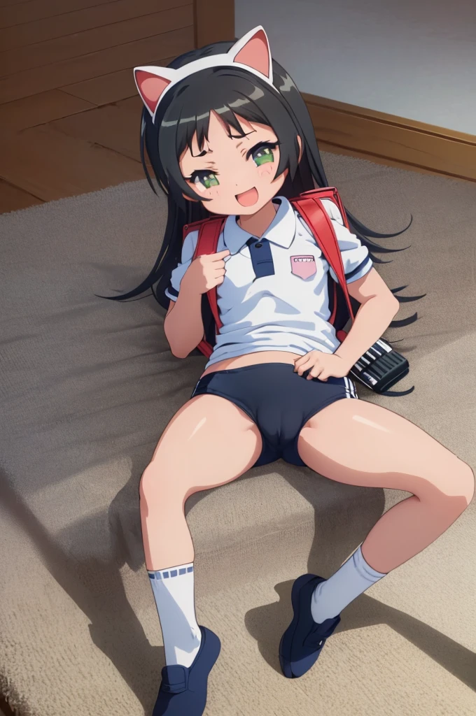 masterpiece, ultra quality, ultra sharp, ultra detailed, 1girl, solo, (good anatomy), haduki kurumi, (tattered torn dripping wet white gym shirt), navy gym pants, animal ears, randoseru, name tag, Japanese anime pose, laugh, BurumaShorts, Buruma, Gym Uniform, (((lying:1.4, spread_legs, legspread, split_legs, spreading legs)), (randoseru backpack:1.4), (((happy smile, opened mouth))):1.4, buruma, blue buruma, black buruma, (cameltoe), (tattered torn short sleeve white gym uniform with colored hem), (tiny nipples), (white long loose socks), strong lighting, legspread, bukkake, cum on clothes, cum on legs, cum on buruma, cum on bloomers,