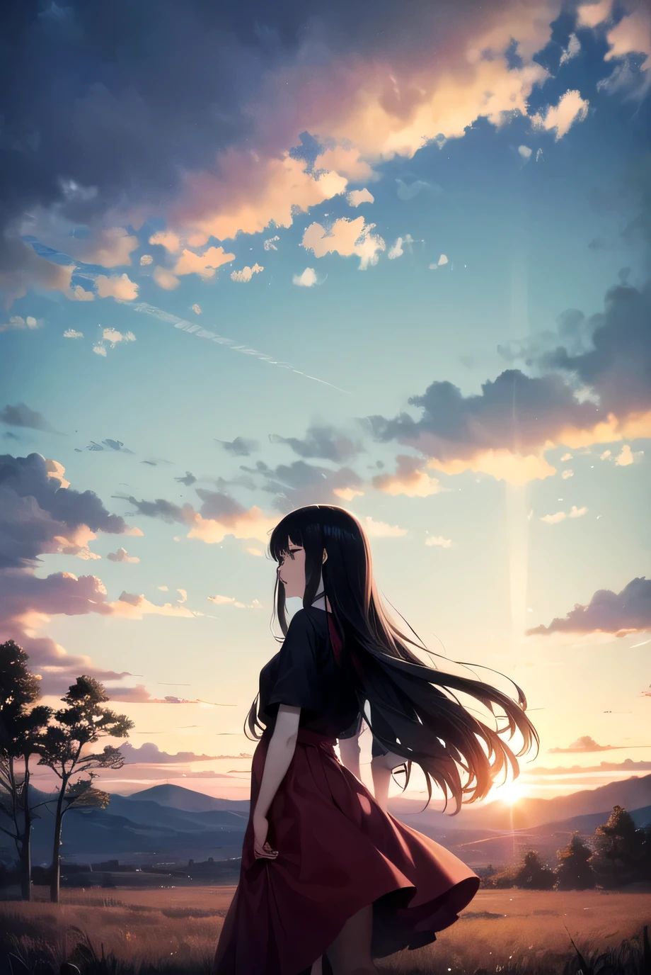 ((best quality)), ((masterpiece)), (detailed), （Anime two-dimensional style）1 Girl，The face is melancholy，Dark Tones，cloudy day，dusk，All red dress，Black long hair，Long hair fluttering in the wind，Leaning against a big dead tree，There are dead leaves falling，looking down sad，Green，Looking down at her from above，Surrounded by uninhabited plains，Sunset dark red