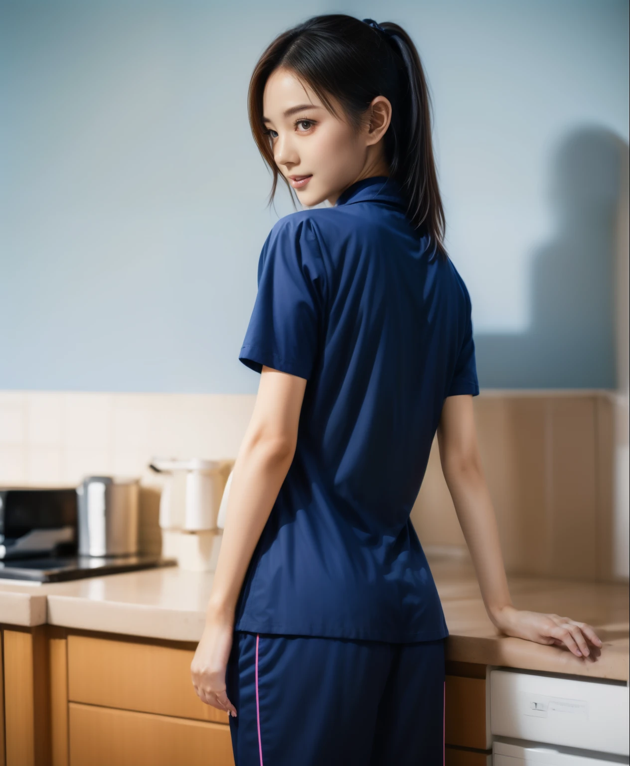 (best quality,10,10,height,Masterpiece:1.2),Special details,(realistic,ภาพrealistic,Realistic photos:1.37),1 Cute girl in the kitchen,shiny, ผิวshiny,only,smile softly,BDclothelue shirt:1.3)),short sleeve,shirt, กางเกงขาlong.,(navy_long_track pants:1.1), ((Kitchen Background)),Dynamic angle,excited,Face focus,dynamic poses,from behind,focus on ass,Masterpiece, best quality, ultra realistic, hyper detail, 8k resolution, raw photos, Sharp focus, ((Navy blue shirt:1.1)), short sleeve, เส้นทางlong, perfect body, 2 mature women, 18 years old, Cinema-grade lighting system,blue sweatpants,shirtผ้าออกกำลังกาย,correct anatomy,perfect body, correct body, Sharp face, correct bodyทางกายวิภาค, full body, realistic gestures, long-haired, realistic poses,Wear long shorts...........................,ช่วงขาlong,Good shape,carved girl, Slender figure, model, Good shape, beautiful body,blue sweatpants, two girls kissing