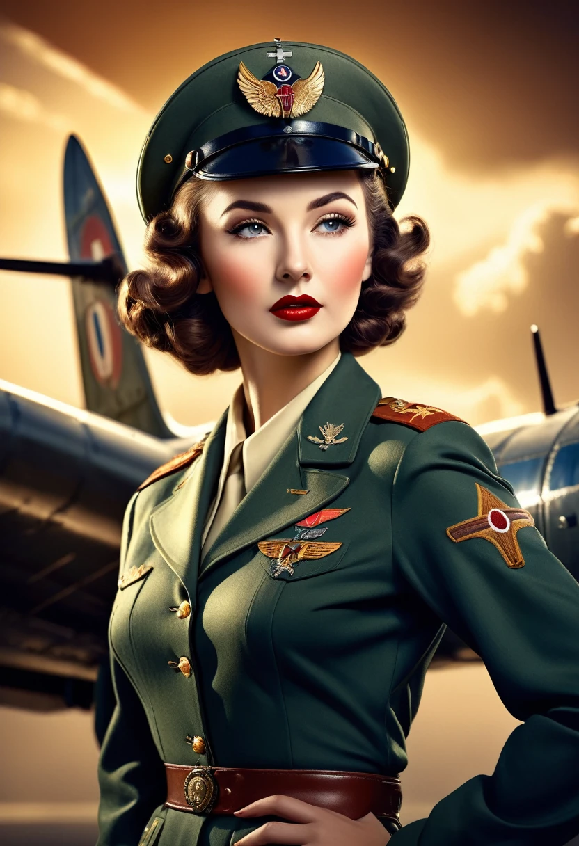 a beautiful woman, art deco style, world war 2 bomber nose art, intricate details, highly detailed, photorealistic, dramatic lighting, vibrant colors, cinematic composition, stunning facial features, alluring expression, elegant hairstyle, vintage military uniform, detailed textures, glossy metallic accents, dynamic pose, atmospheric background, cinematic lighting, masterpiece