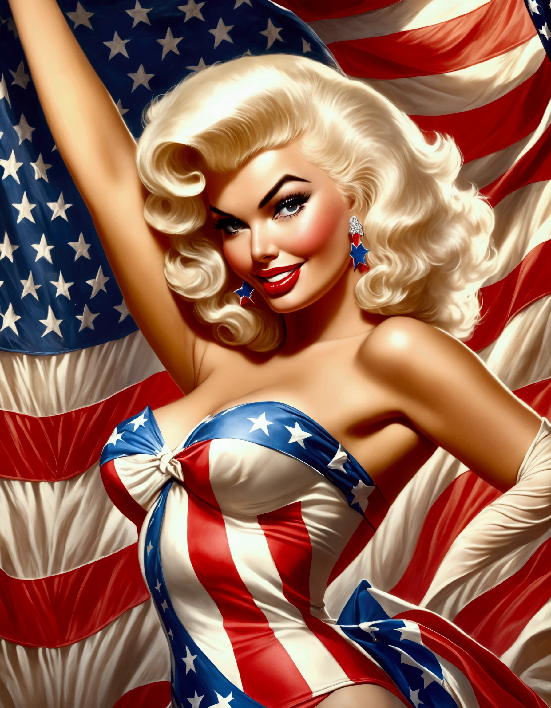 Jayne Mansfield, 25 years old, wearing a patriotic Trump bikini, waving an American flag, 50s style, MAGA poster in the background, detailed portrait, hyper realistic, cinematic lighting, dramatic pose, vibrant colors, sharp focus, photorealistic, masterpiece, intricate details, beautiful skin texture, glamorous makeup, perfectly styled hair, patriotic accessories, American flag waving, MAGA slogan, vintage aesthetic, high quality, 8k resolution