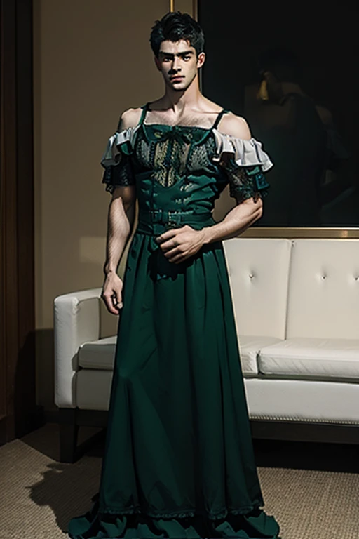 Young man wearing long green dress, full body , off shoulder , hot man, hot male