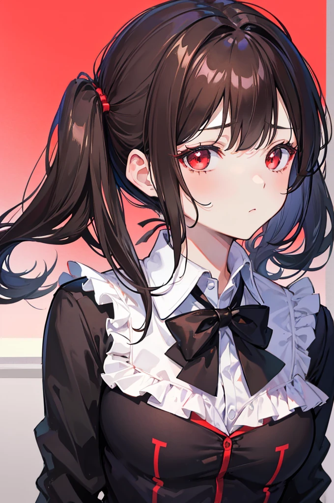 dark brown hair, short twintail, portrait, pretty girl, reticence, red eyes, disinterest, small breasts, Bored look, Bangs Garma, frill shirt, black tie, blazer