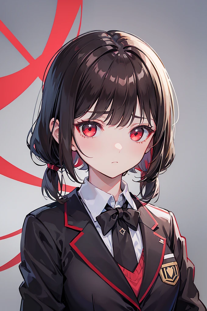 masterpiece, best quality, ultra-detailed, absurdres, colorful, 1girl, solo, detailed eyes, wide-eyed, eyelashes, looking at viewer, (upper body:0.7), misaki mei, medical eyepatch, sitting, solid red eyes, blue skirt, black hair, jacket, long sleeves, expressionless, red bowtie, hair over one eye, short hair, hands on feet, blurred background, particles, blush, light red background, turning to viewer,