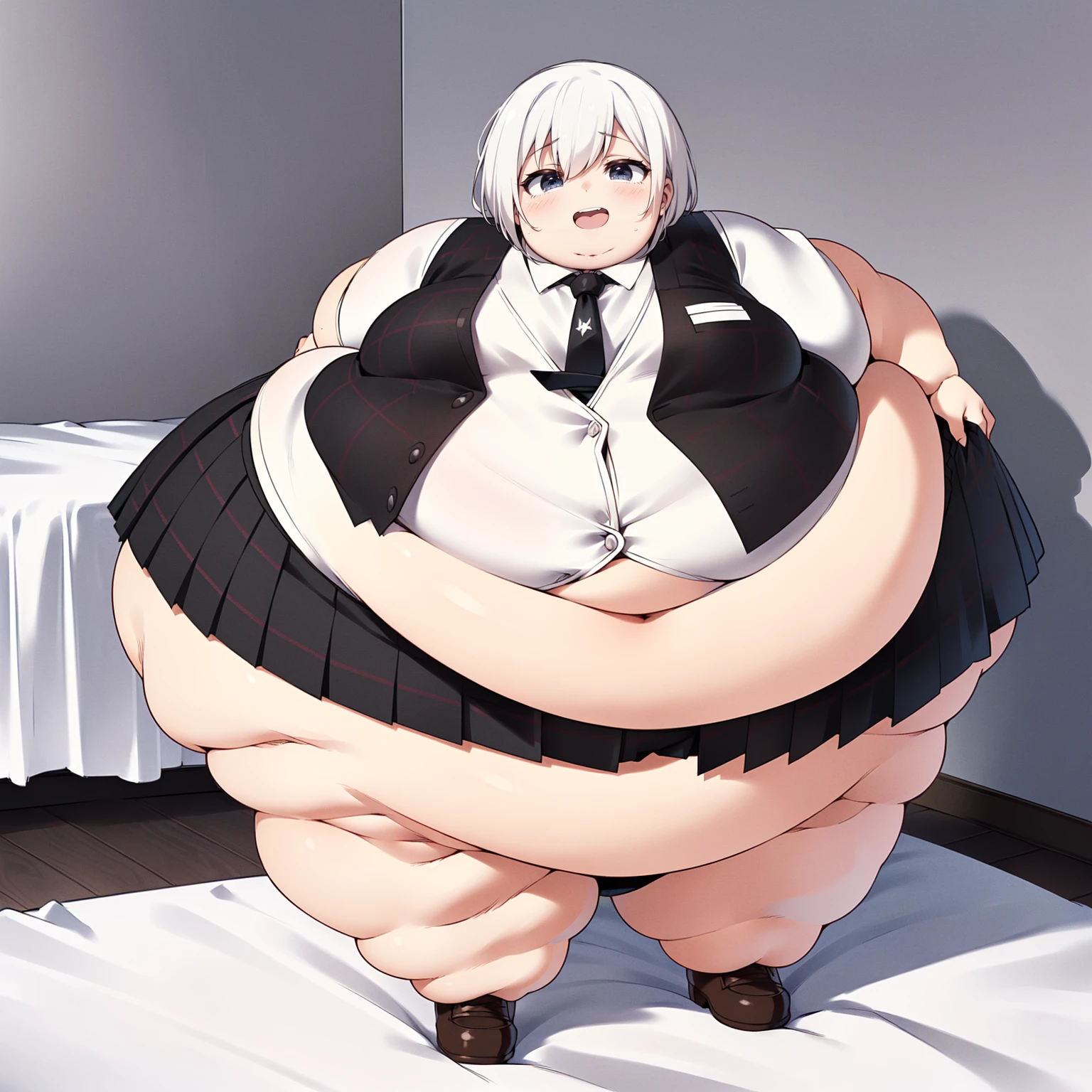 (((baby))), (((little cutie))), (((short stature))), (((White shirt, vest, vest negro, tie, Short skirt))), ((white hair with fringe)), ((obese chubby))), ((Fat face)), (((big belly))), (((Open mouth))), fat and wide thighs, belly, (((tender))), (((in a room))), detailed background, ((full body image)),