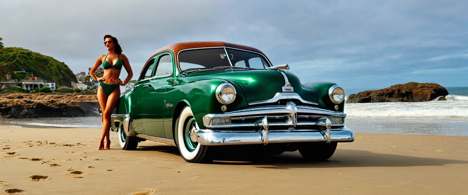 ((A realistic photo of a 1952 Dodge Kingsway Custom)),British Racing Green color with chrome mag wheels, parked at a surf beach on a summers day, best quality, very hi definition, 8k, Surfboards and bikini Girls standing next to the car, a 1950s beach scene, at sunset.
