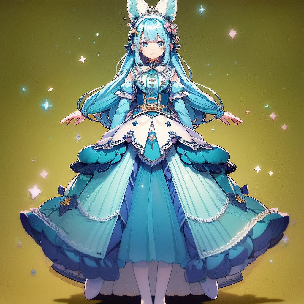 1girl、Star Fairy、Star incarnation、Character design front view、A picture facing the viewer、(((Super detailed、Highest quality、Masterpiece)))、Original cute hairstyle、Milky white and blue hair color、Simple Green Background、vtuber-fullbody,Alice、