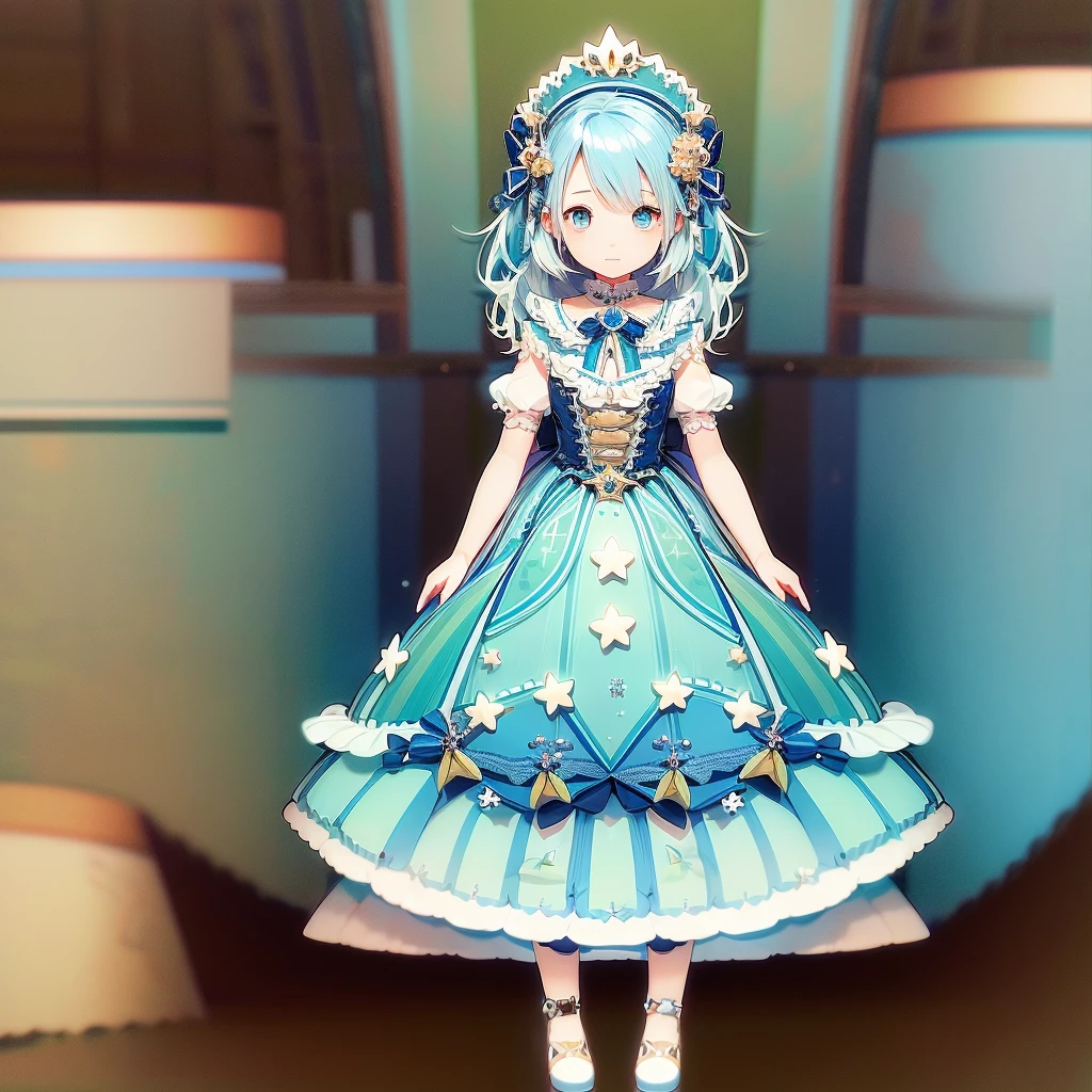 1girl、Star Fairy、Star incarnation、Character design front view、A picture facing the viewer、(((Super detailed、Highest quality、Masterpiece)))、Original cute hairstyle、Milky white and blue hair color、Simple Green Background、vtuber-fullbody,Alice、