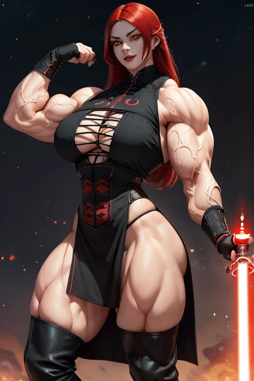 ((Massive, tall, beautiful, buff, muscular pale white skinned asian female Sith Lord with red hair, black lipstick, ginormous bulky muscles, carrying a red lightsaber and wearing a long gothic tiered dress)), ((close view)), black eyeliner, massive muscles, massive biceps, hyper muscle triceps, long hair, (((glowing yellow eyes))), (long gothic tiered dress), thigh high boots, In space, nighttime, (evil smile), hyper muscles arms, hyper muscle legs, massive arms