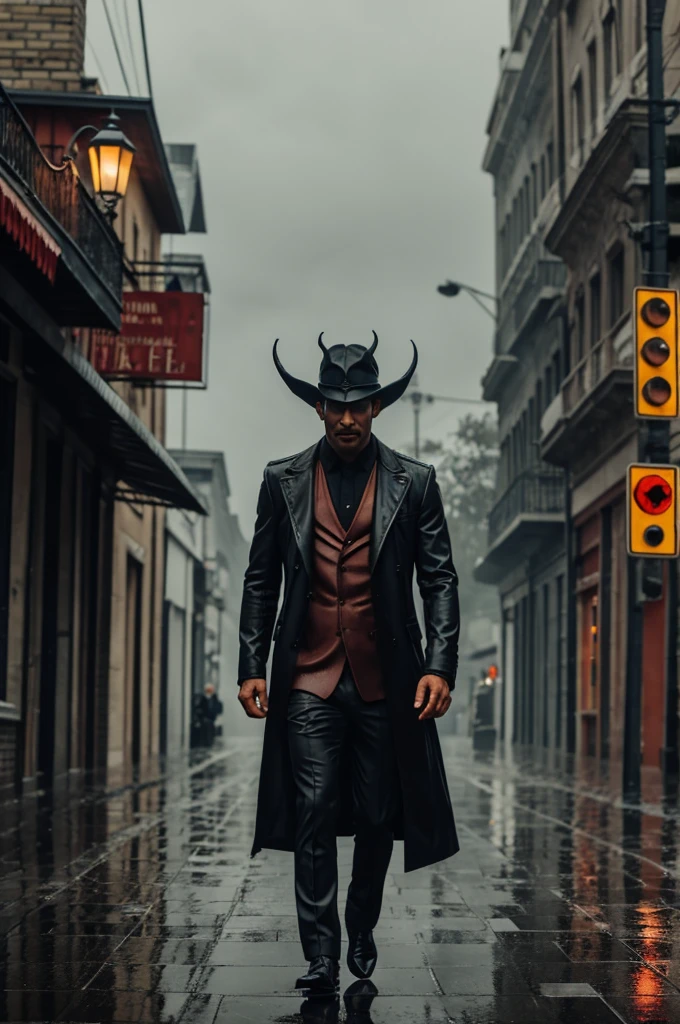 A man face devil walking on the rain