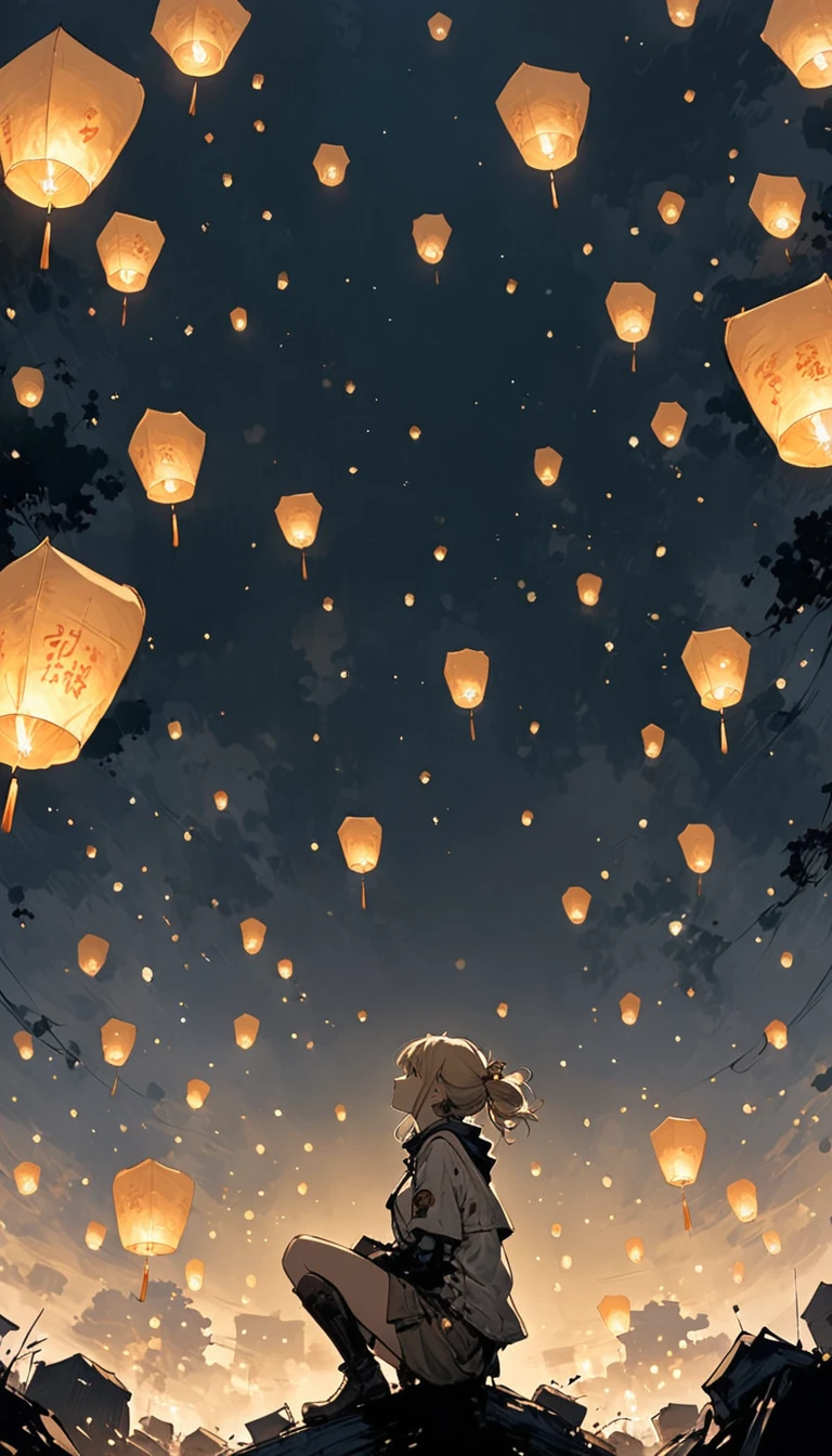 (Ashley Wood (Ashley Wood) style of:1.1),
1 Girl,Spread your knees apart,Bring your feet together,?,large areas of white space,sit,At the bottom of the screen,(look up:1.5),from the side,Look up,comics,,Wishing paper lanterns in the sky
