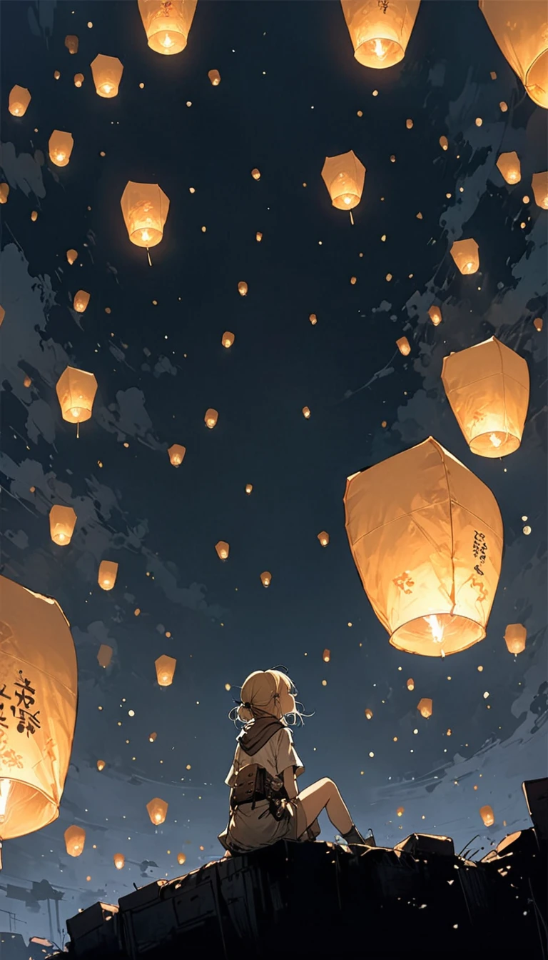 (Ashley Wood (Ashley Wood) style of:1.1),
1 Girl,Spread your knees apart,Bring your feet together,?,large areas of white space,sit,At the bottom of the screen,(look up:1.5),from the side,Look up,comics,,Wishing paper lanterns in the sky
