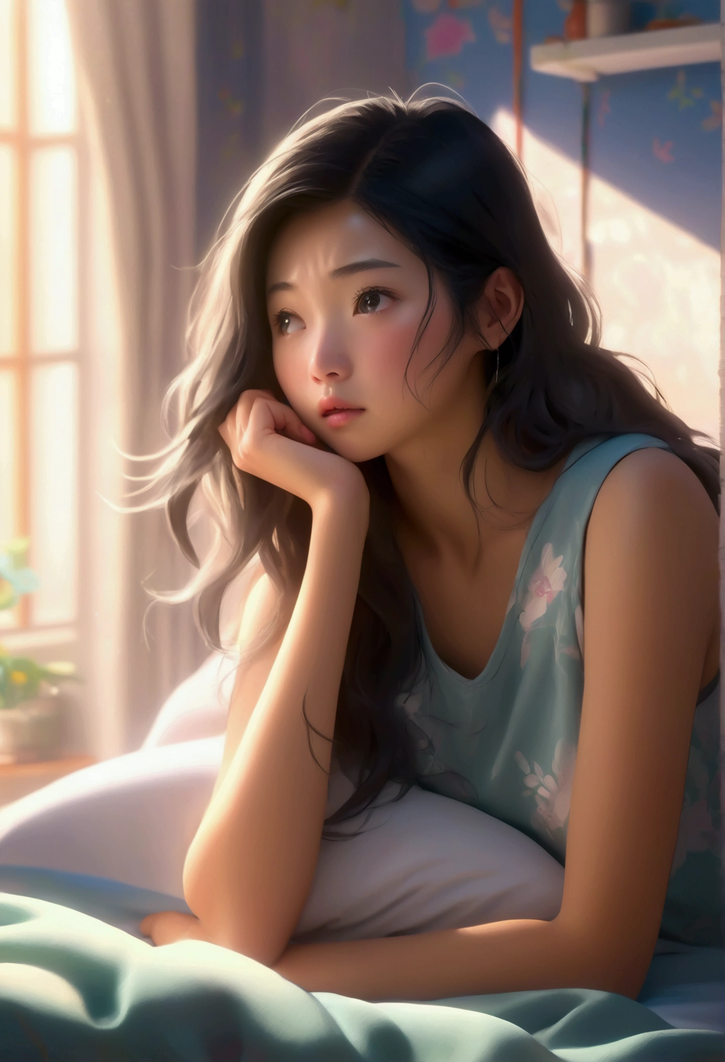 A young Asian woman waking up in a normal bedroom, looking confused. Soft morning light, detailed interior, photorealistic style, cinematic framing