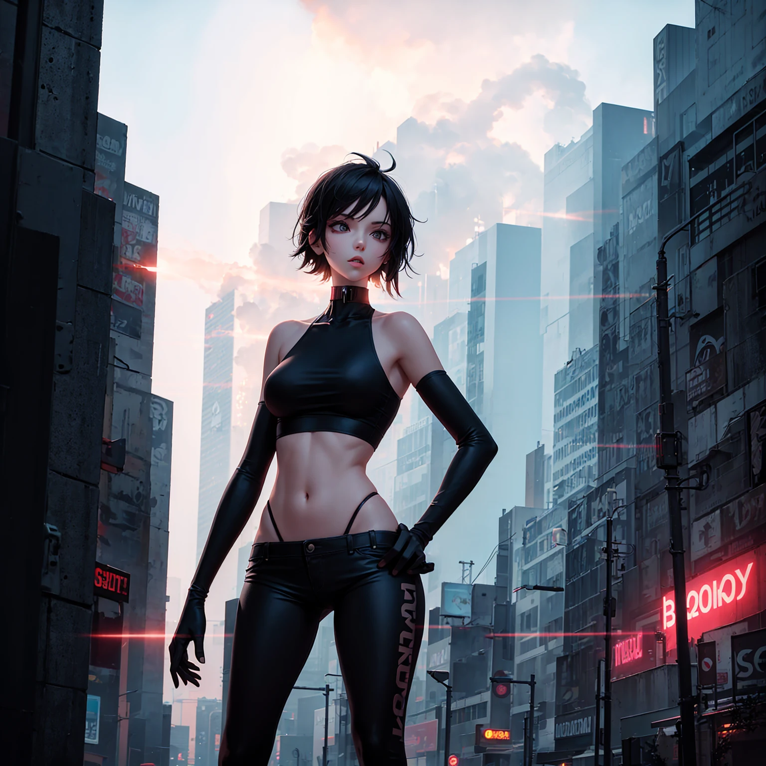 SKINNY GIRL IN A BIG NEON CITY WITH LOTS OF SMOKE AROUND IT
