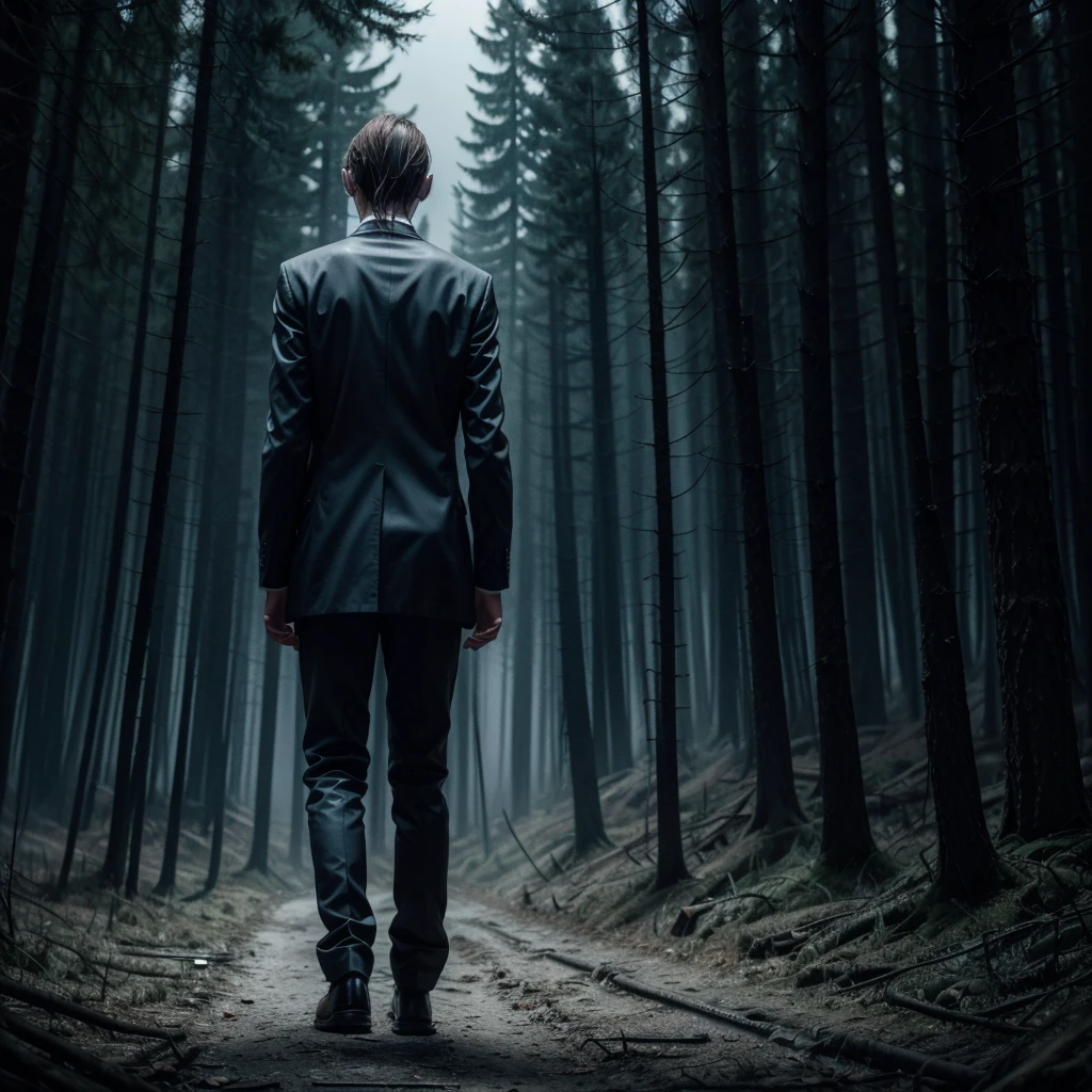 Create a high definition (Full HD) image of Slenderman. The image should have a dark and haunting tone, with dramatic lighting and realistic details. Slenderman must be prominent, in a threatening pose, with his tall, slender figure, faceless and with his characteristic tentacles coming from his back. The background must be dark and mysterious, with elements that refer to a scary environment, such as a forest or an abandoned setting. The image must be striking and visually appealing, perfect for the cover of a horror video