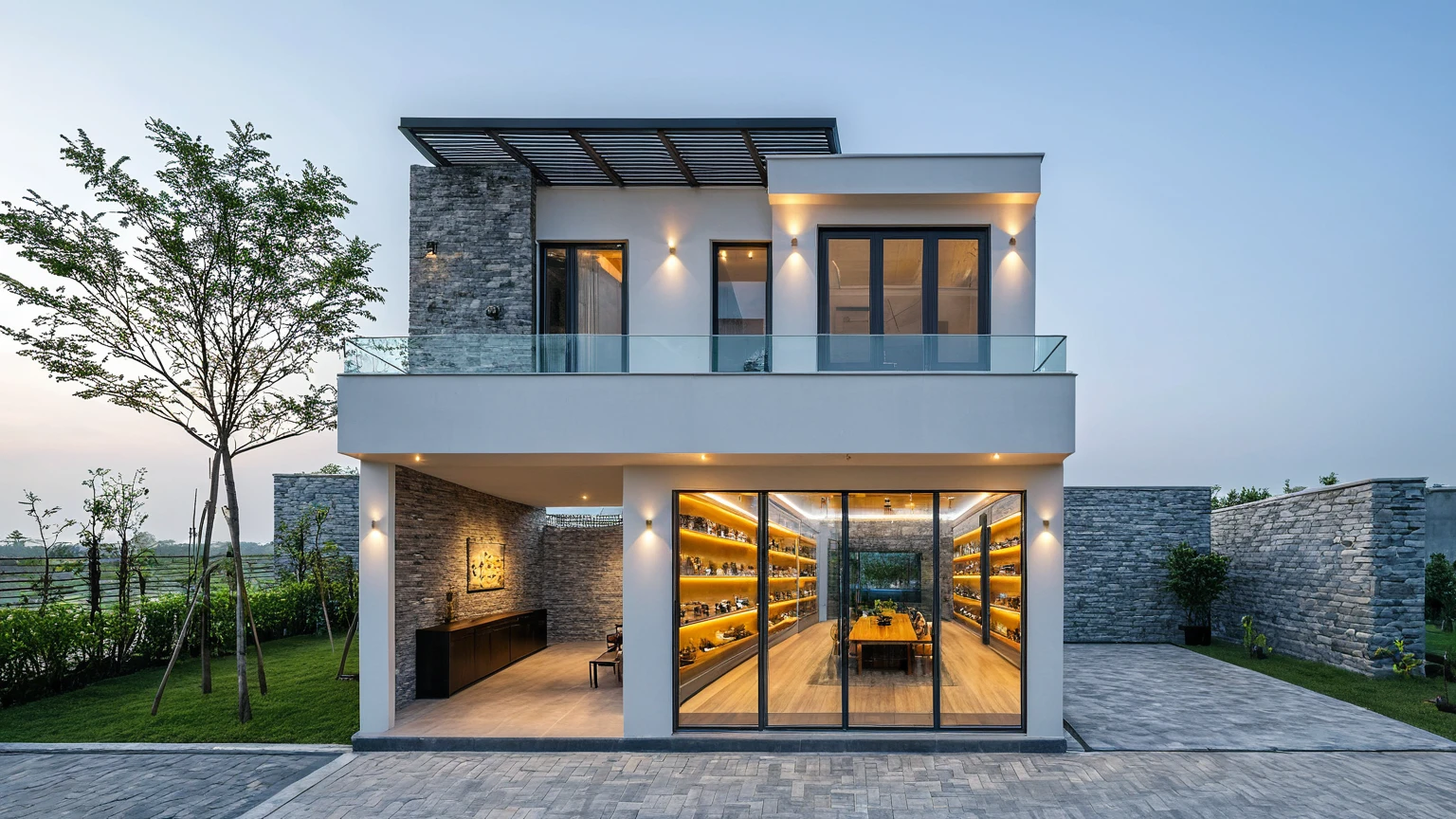 Two-storey townhouse, minimalist architecture, modern house, brightly painted walls, stone wall accents, xingfa aluminum glass doors. In the afternoon light, the construction lights are turned on and you can see furniture, the first floor is for business, the second floor is residential. realistic representation. surrealist house