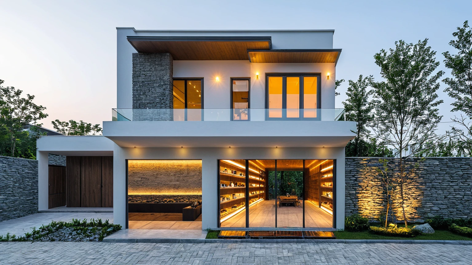 Two-storey townhouse, minimalist architecture, modern house, brightly painted walls, stone wall accents, xingfa aluminum glass doors. In the afternoon light, the construction lights are turned on and you can see furniture, the first floor is for business, the second floor is residential. realistic representation. surrealist house