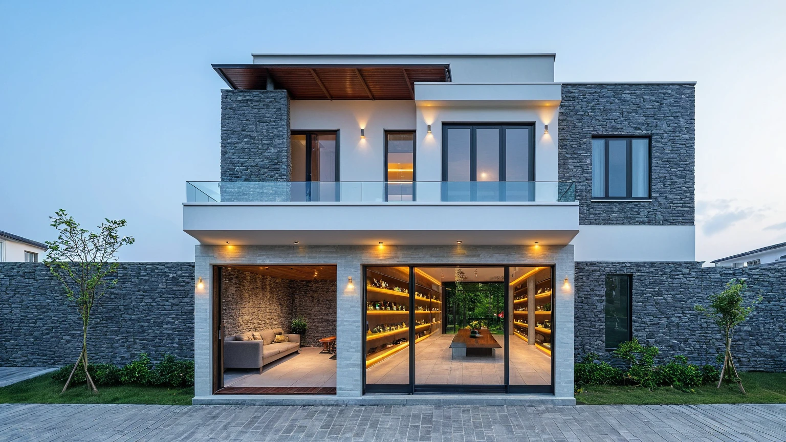 Two-storey townhouse, minimalist architecture, modern house, brightly painted walls, stone wall accents, xingfa aluminum glass doors. In the afternoon light, the construction lights are turned on and you can see furniture, the first floor is for business, the second floor is residential. realistic representation. surrealist house