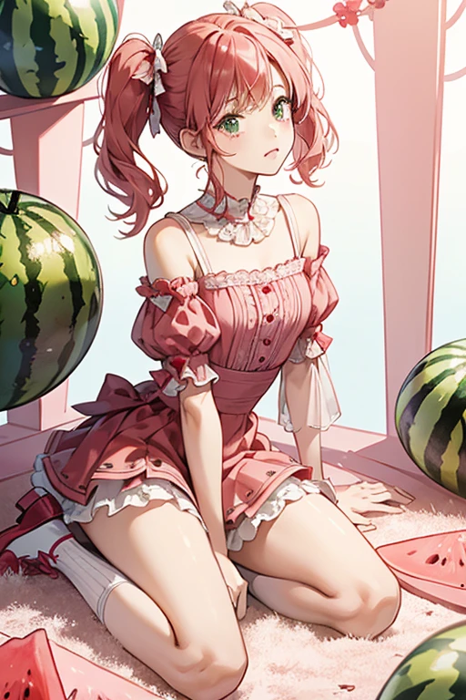 Water Mellie is a fair-skinned girl with extremely pale pink cheeks and short red hair pulled in low, straightened pigtails. Her bangs are neatly brushed, with a few sticking out on the right side of her head. She wears a large watermelon bow with a bite missing.

Her green dress resembles a watermelon, with two seeds located on her chest. The sleeves are shaped like small watermelon slices. The skirt is made of shiny material and has a line pattern, along with a red ribbon for the waistband and pink lace sewn to the white hem. Her pink T-strap shoes include a green sole and are worn with white socks. SPARKLE; GLITTER