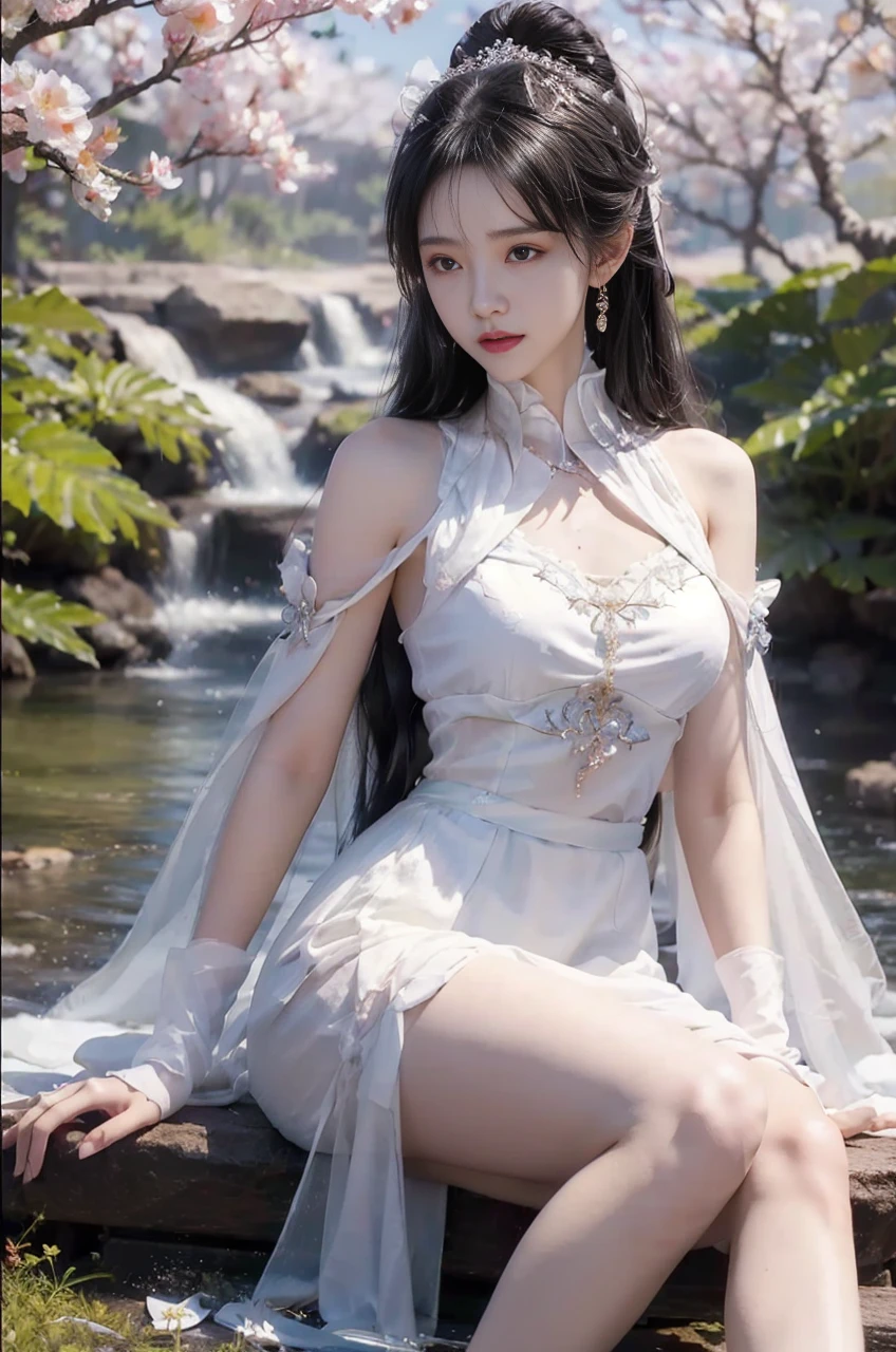 night, Deep blue sky, White dress, Long skirt at chest, long black hair, long hair and waist, Beautiful girl, God, god, White headdress, Sitting on the railing, hair, side fringe, scarf, hair ornament, Forehead Gem, Baolai Jewelry Branch, crescent hair ornament, fish hair ornament, God ray, flash, movie lighting, Lens flare, Ultra HD, High Detail, high quality, high resolution, best quality, 8K, 16K, High Detail, high quality, high quality, Super Detail, Anatomically correct, masterpiece, precise
