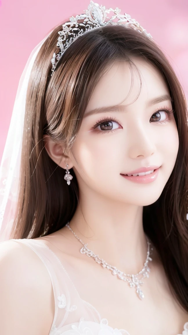 (Highest quality、Tabletop、8k、Best image quality、Award-winning works)、One beautiful bride、(alone:1.1)、(The most extravagant and gorgeous huge pure white wedding dress:1.1)、(Perfect Wedding Lace:1.2)、(The most gorgeous and luxurious giant tiara:1.1)、(The most extravagant and luxurious giant necklace:1.1)、Look at me with your best smile、The finest jewellery decoration、Perfect Makeup、Long eyelashes、Ultra HD Shining Eyes、Ultra HD Hair、Ultra-high resolution glossy lips、Ultra High Resolution Perfect Teeth、Super high resolution beautiful face、(Accurate anatomy:1.1)、Very bright and beautiful skin、very bright and vivid、Perfect beautiful bridal hairstyles、(Front facing body:1.1)、(Solid pink background:1.2)