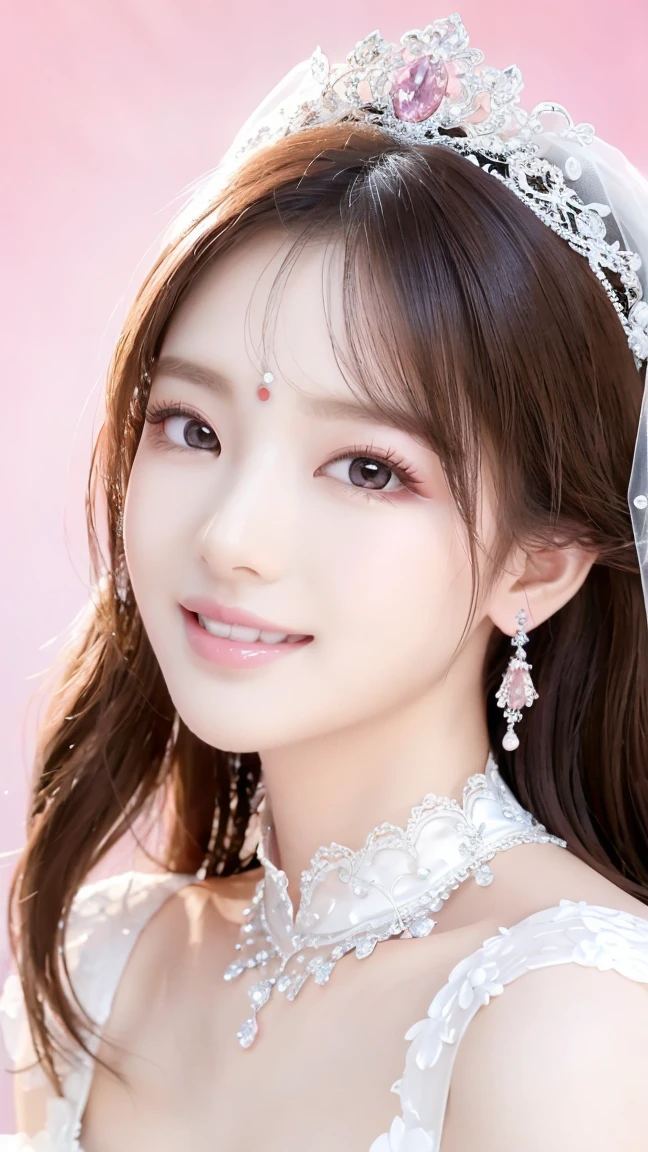 (Highest quality、Tabletop、8k、Best image quality、Award-winning works)、One beautiful bride、(alone:1.1)、(The most extravagant and gorgeous huge pure white wedding dress:1.1)、(Perfect Wedding Lace:1.2)、(The most gorgeous and luxurious giant tiara:1.1)、(The most extravagant and luxurious giant necklace:1.1)、Look at me with your best smile、The finest jewellery decoration、Perfect Makeup、Long eyelashes、Ultra HD Shining Eyes、Ultra HD Hair、Ultra-high resolution glossy lips、Ultra High Resolution Perfect Teeth、Super high resolution beautiful face、(Accurate anatomy:1.1)、Very bright and beautiful skin、very bright and vivid、Perfect beautiful bridal hairstyles、(Front facing body:1.1)、(Solid pink background:1.2)