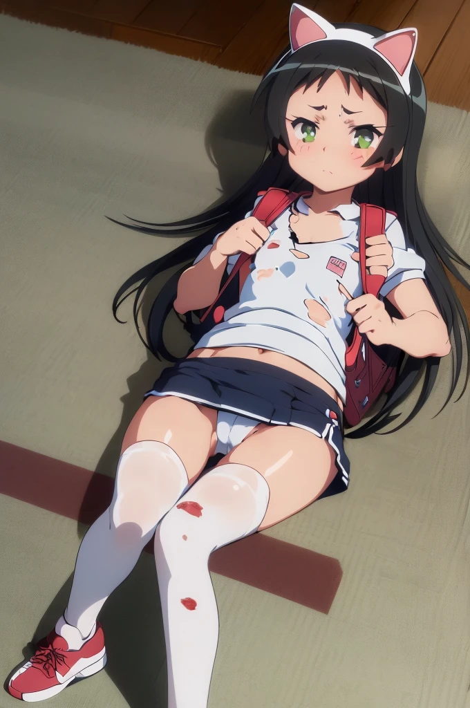 masterpiece, ultra quality, ultra sharp, ultra detailed, 1girl, solo, (good anatomy), haduki kurumi, (tattered torn dripping wet white gym shirt), navy gym pants, animal ears, randoseru, name tag, Japanese anime pose, laugh, BurumaShorts, Buruma, Gym Uniform, (((lying:1.4, spread_legs, legspread, split_legs, spreading legs)), (randoseru backpack:1.4), (((blush, jitome))):1.4, buruma, blue buruma, black buruma, (cameltoe), (tattered torn short sleeve white gym uniform with colored hem, torn clothes), (tiny nipples), (white long loose socks), strong lighting, legspread, bukkake, cum on clothes, cum on legs, cum on buruma, cum on bloomers,