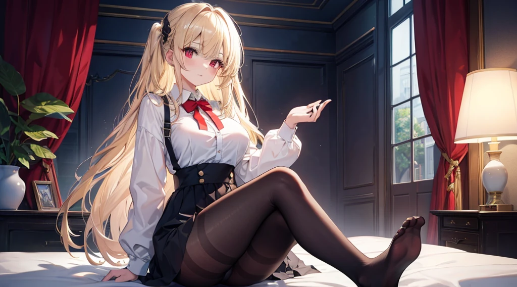 Highest quality, masterpiece, figure, wallpaper,One girl,White shirt, Light Hair, Beautiful detailed girl, Highly detailed eyes and face, Beautiful attention to detail, Shine,Browsing Caution, View your viewers, bed, night, Black Pantyhose, Straight hair, Red Eyes, long hair,Blonde, thick_Thighs, Large Breasts, Red eyes,Sitting、Five fingers、Fingers crossed,clear background