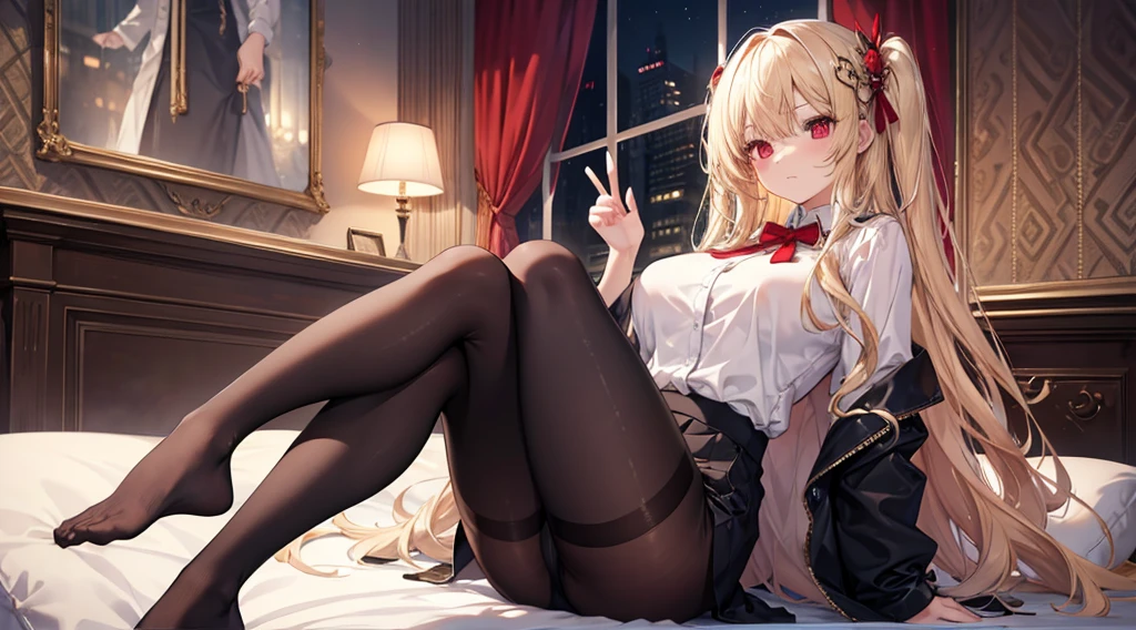 Highest quality, masterpiece, figure, wallpaper,One girl,White shirt, Light Hair, Beautiful detailed girl, Highly detailed eyes and face, Beautiful attention to detail, Shine,Browsing Caution, View your viewers, bed, night, Black Pantyhose, Straight hair, Red Eyes, long hair,Blonde, thick_Thighs, Large Breasts, Red eyes,Sitting、Five fingers、Fingers crossed,clear background