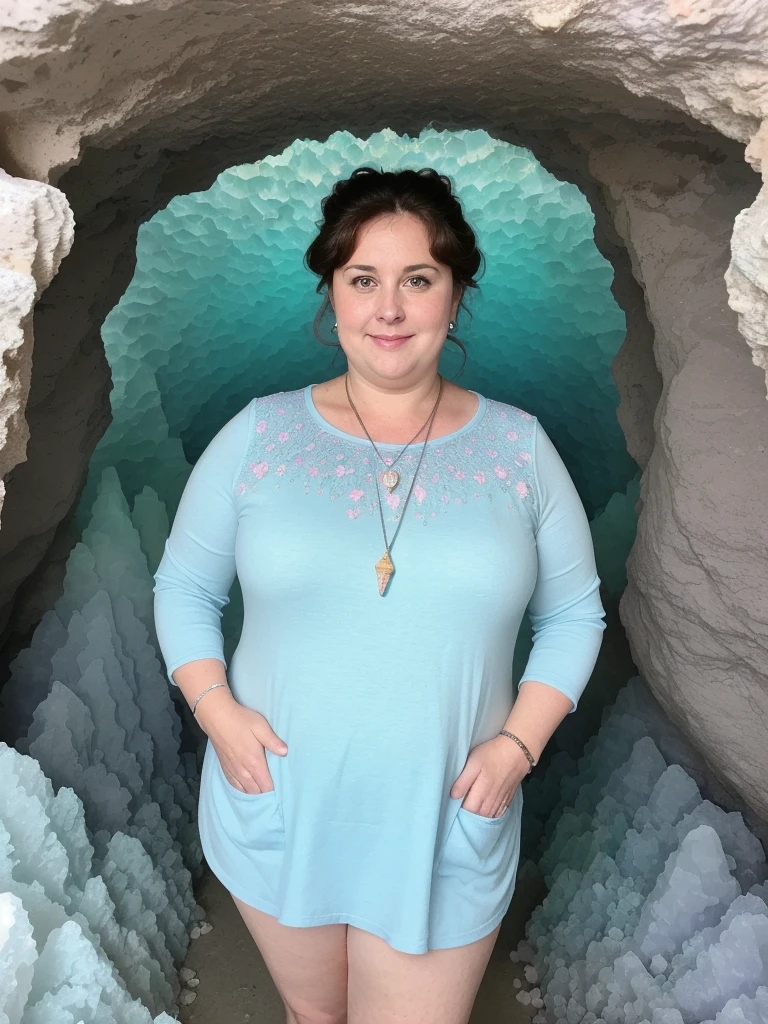 her name is Annette, high quality, ((mature)), ((white pale skin)), 1girl, ((40-year-old chubby Swiss woman)), ((40 years old)), ((chubby)), ((brunette)), pose: standing, wearing stylish blue (((wearing pastel trend Generation-Z modern wear))), ((BACKGROUND: Cave of crystals)), random pose, messy bun hair