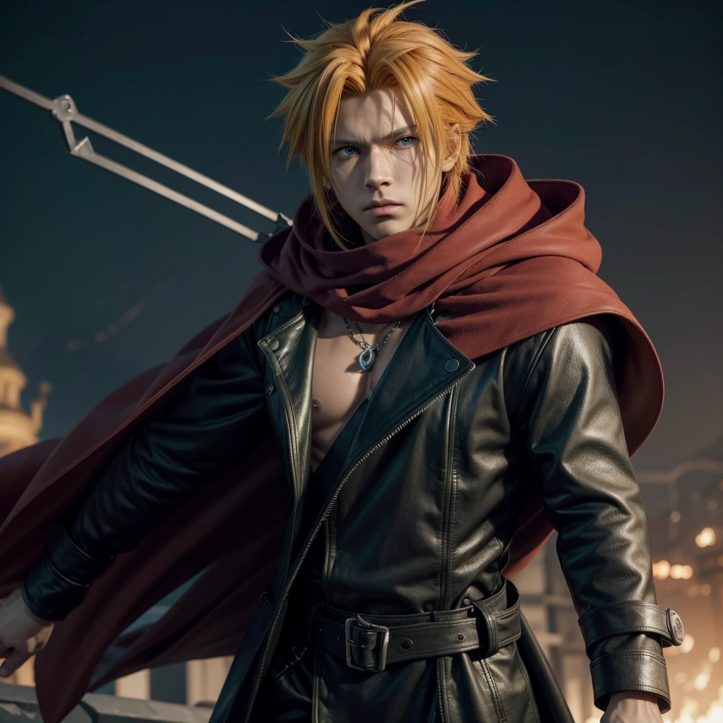 dark brown skin, Long yellow hair, bright green eyes, Organization XIII black trench coat, Red scarf, dark wing and worn red cape similar to Cloud Strife in his KH1 appearance. 