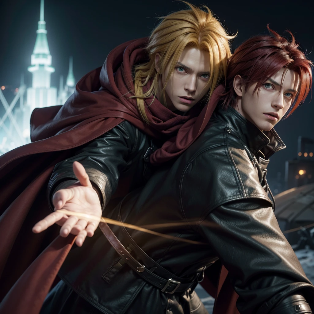 dark brown skin, Long yellow hair, bright green eyes, Organization XIII black trench coat, Red scarf, dark wing and worn red cape similar to Cloud Strife in his KH1 appearance. 