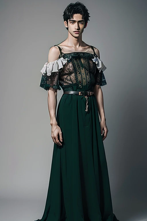 Young man wearing long green dress, full body , off shoulder , hot man, hot male