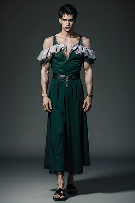 Young man wearing long green dress, full body , off shoulder , hot man, hot male 