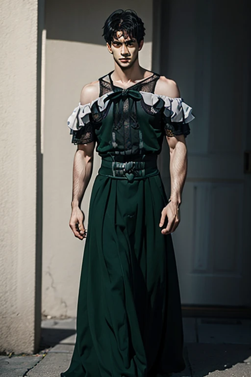 Young man wearing long green dress, full body , off shoulder , hot man, hot male