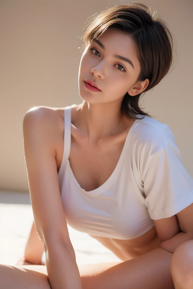 ((top-quality、8K、masterpiece: 1.erfect Body Beauty: 1.4、Slender Abs: 1.2、Beautiful woman with slender abs:1.3、(Highlight Haircutreast B Cup:1.2), medium breast, round shape breast, perfect shape breast, (( sexy , white shirt cover , bra-straps)), necklace, hyperdetailed face、18year old、 Pretty women、(Dark brown short-cut hair), Slim Face、Highly detailed facial and skin texture、very detailed lips、opens legs、top-quality、masterpiece、超A high resolution、(Photorealsitic:1.4), walked forward confidently, long shot , studio setup, photography steup, light from both side, background,