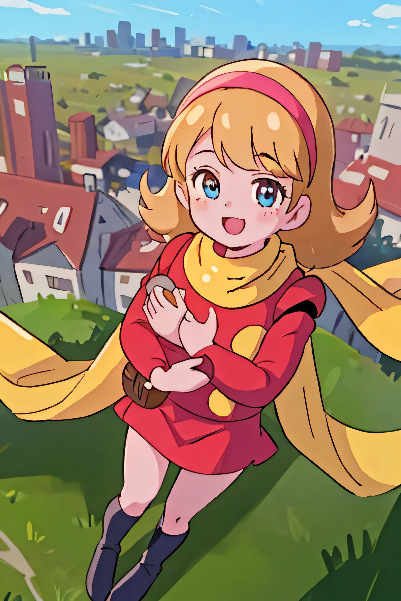 Cyborg 003, city, mini skirt,  Blonde, Yellow scarf, From above,
(Highest quality, masterpiece, RAW Photos,Very detailed:1.2), One girl,alone,View your viewers,  smile,