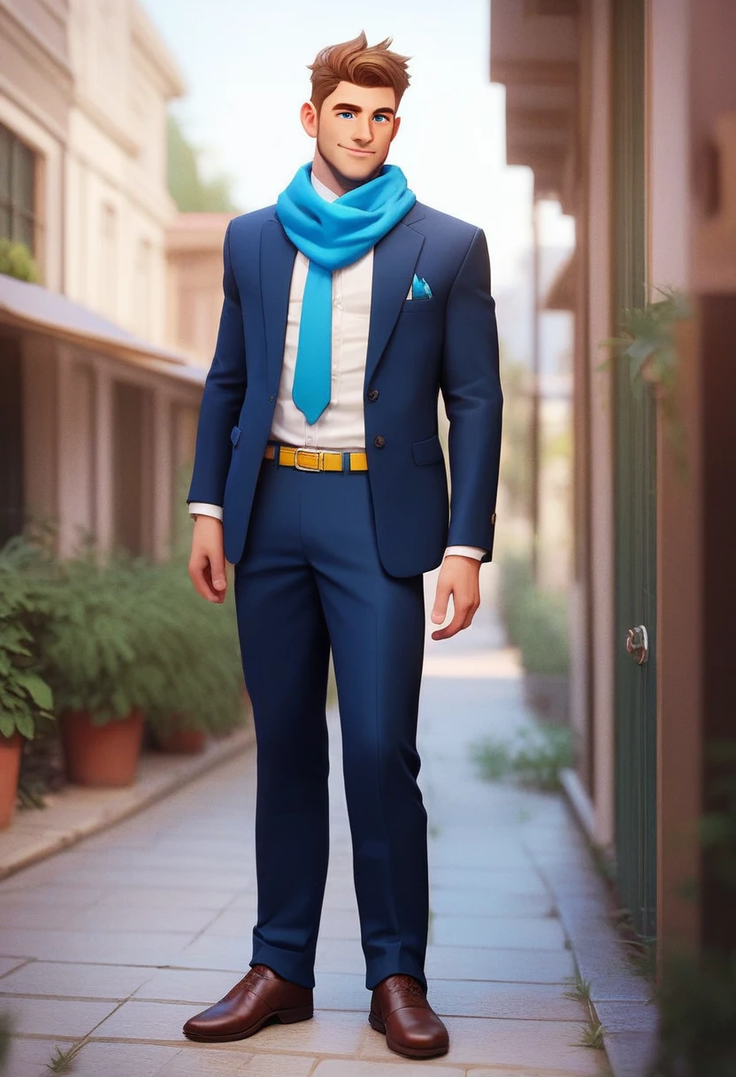 ken, solo, smile, brown hair, 1boy, standing, full body, male focus, blue eyes, fair skin, blue jaguar blazer with nothing under it, blue scarf, light blue shorts with a yellow belt, cyan shoes