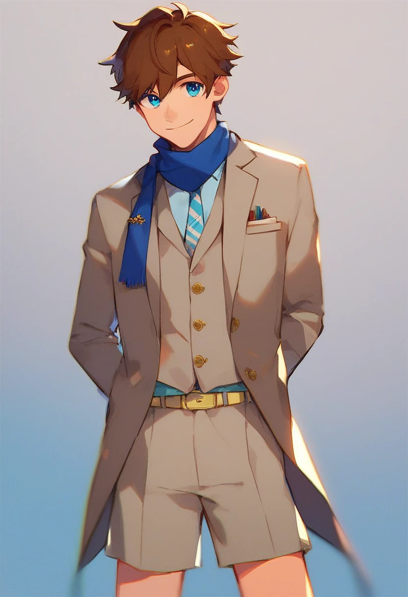 ken, solo, smile, brown hair, 1boy, standing, full body, male focus, blue eyes, fair skin, blue jaguar blazer with nothing under it, blue scarf, light blue shorts with a yellow belt, cyan shoes