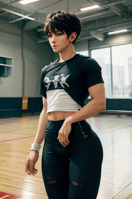 Young man wearing leggings,t shirt,long legs, thick thighs, large wide hips, thin and narrow weist, big large feminine bre-asts , very small spikey boyish haircut , penis bulge , running court