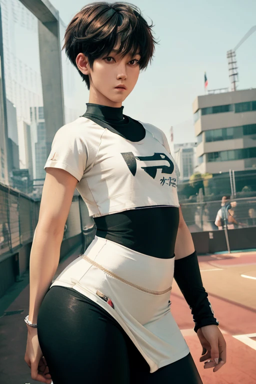 Young man wearing leggings,t shirt,long legs, thick thighs, large wide hips, thin and narrow weist, big large feminine bre-asts , very small spikey boyish haircut , penis bulge , running court
