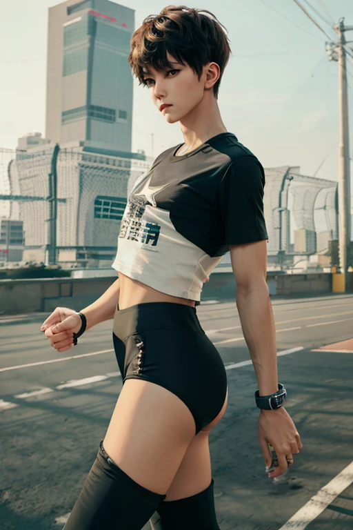Young man wearing leggings,t shirt,long legs, thick thighs, large wide hips, thin and narrow weist, big large feminine bre-asts , very small spikey boyish haircut , penis bulge , running court 